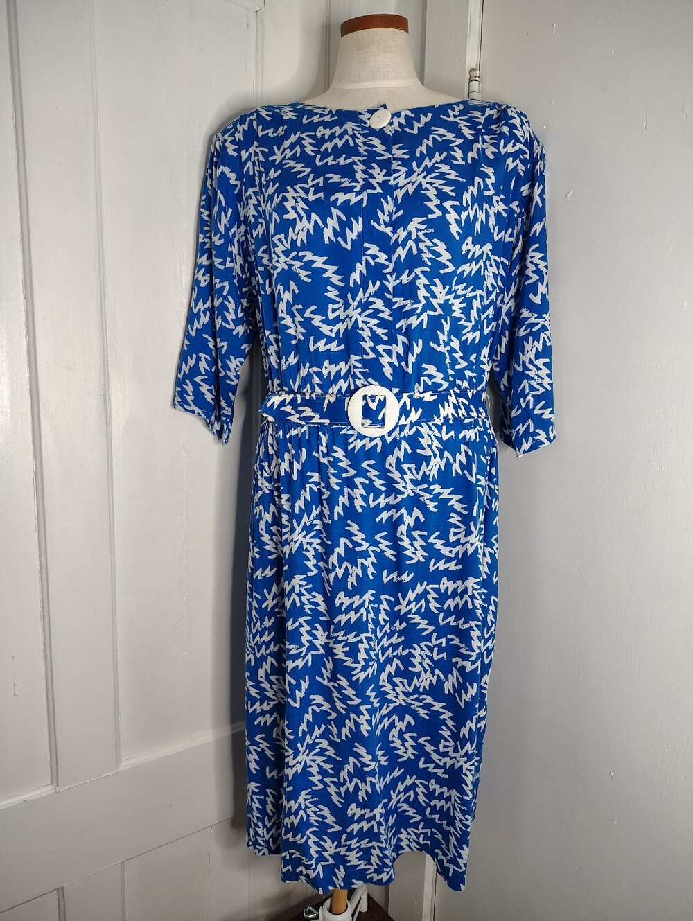Vintage 1980s Zalerno Belted Blue White Zig Zag 3Q Sleeve T-Shirt Dress Womens L